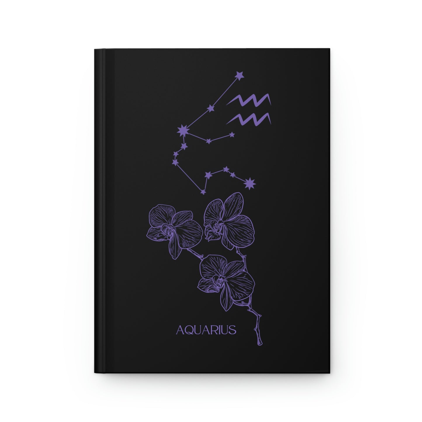 Aquarius black journal with zodiac flower, constellation, and glyph on cover