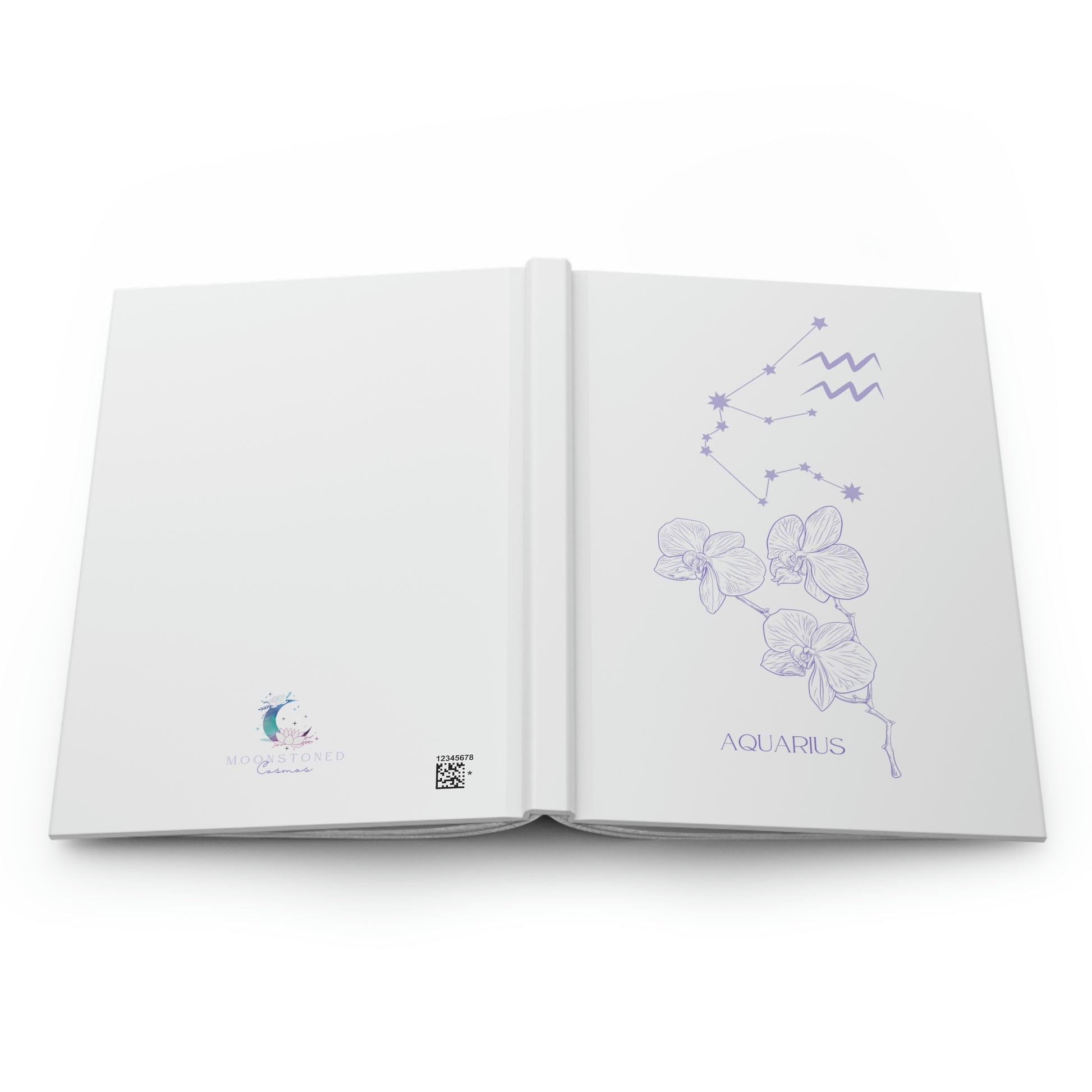 Aquarius white journal with zodiac flower, constellation, and glyph on cover