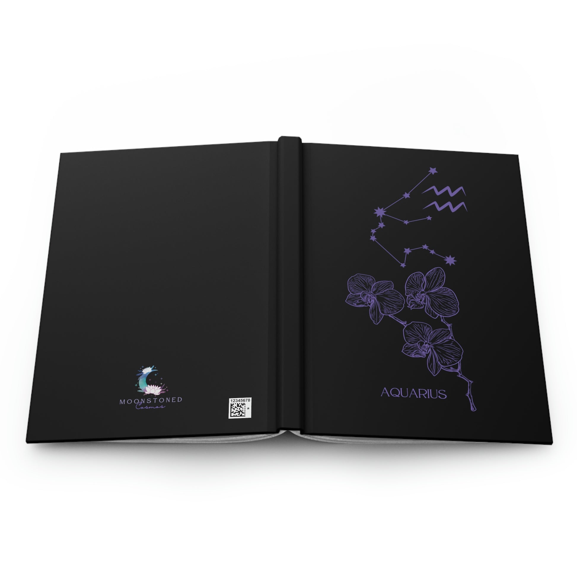 Aquarius black journal with zodiac flower, constellation, and glyph on cover