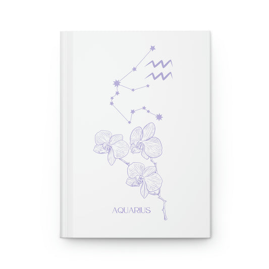 Aquarius white journal with zodiac flower, constellation, and glyph on cover