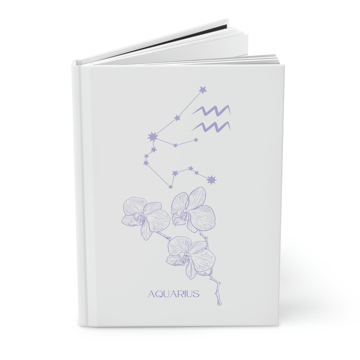 Aquarius white journal with zodiac flower, constellation, and glyph on cover