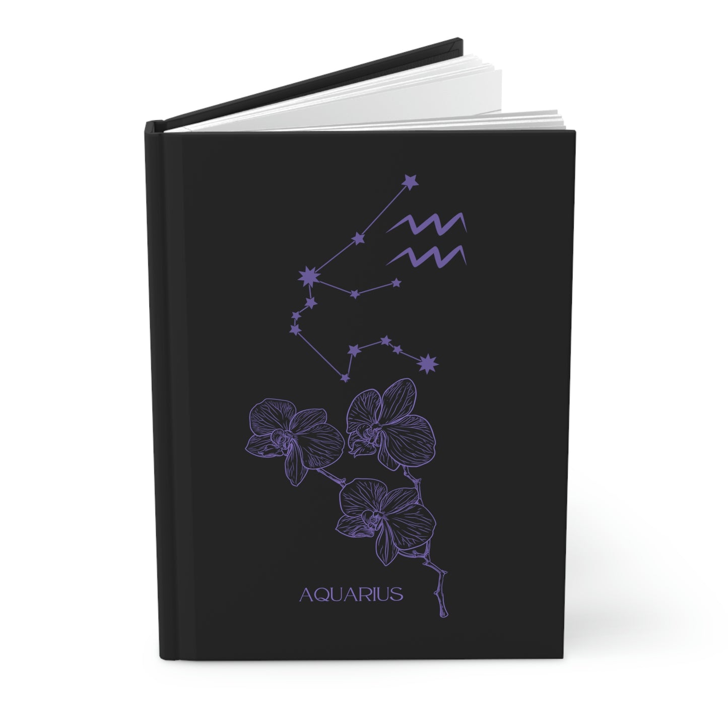 Aquarius black journal with zodiac flower, constellation, and glyph on cover